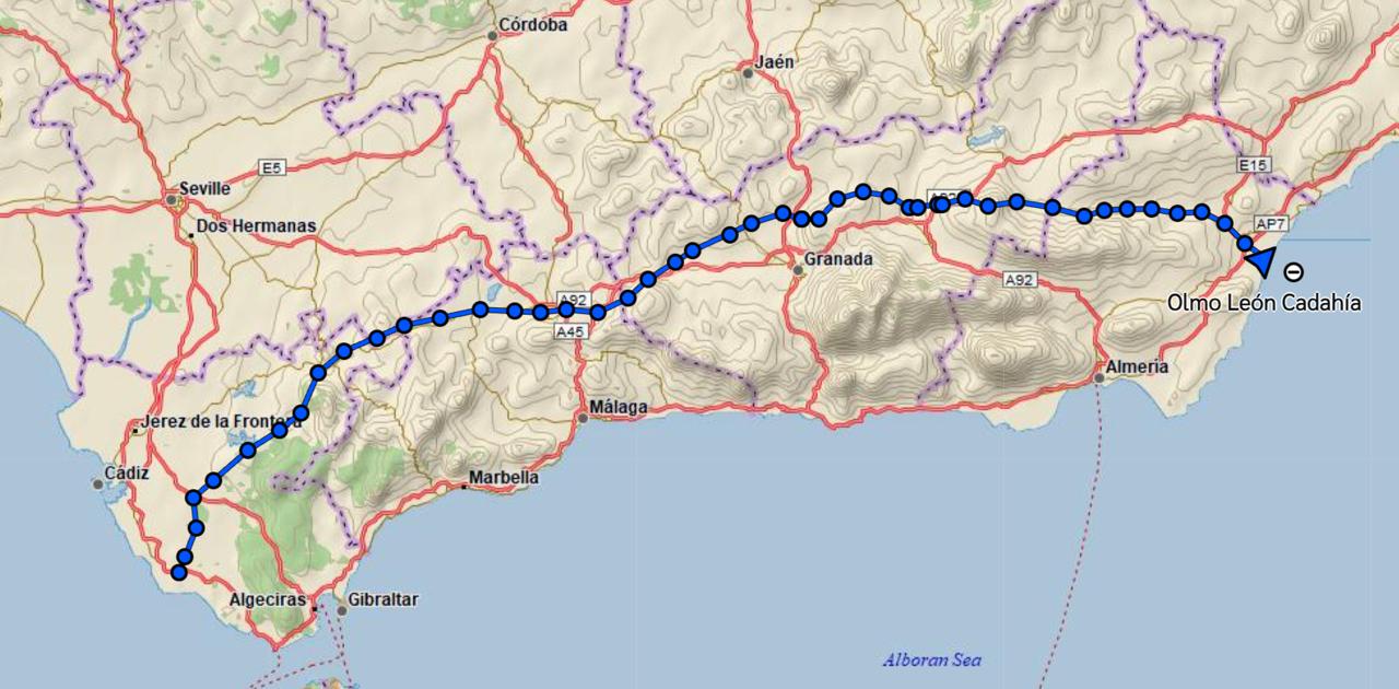Mapa del recorrido desde Trafalgar a Vera